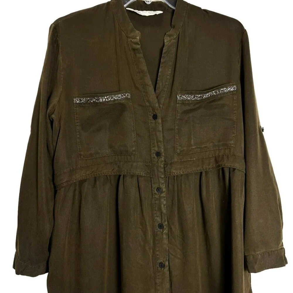 Zara Olive Green Beaded Shirt Dress Long Sleeve Utility Chic Size S - Picture 2 of 12